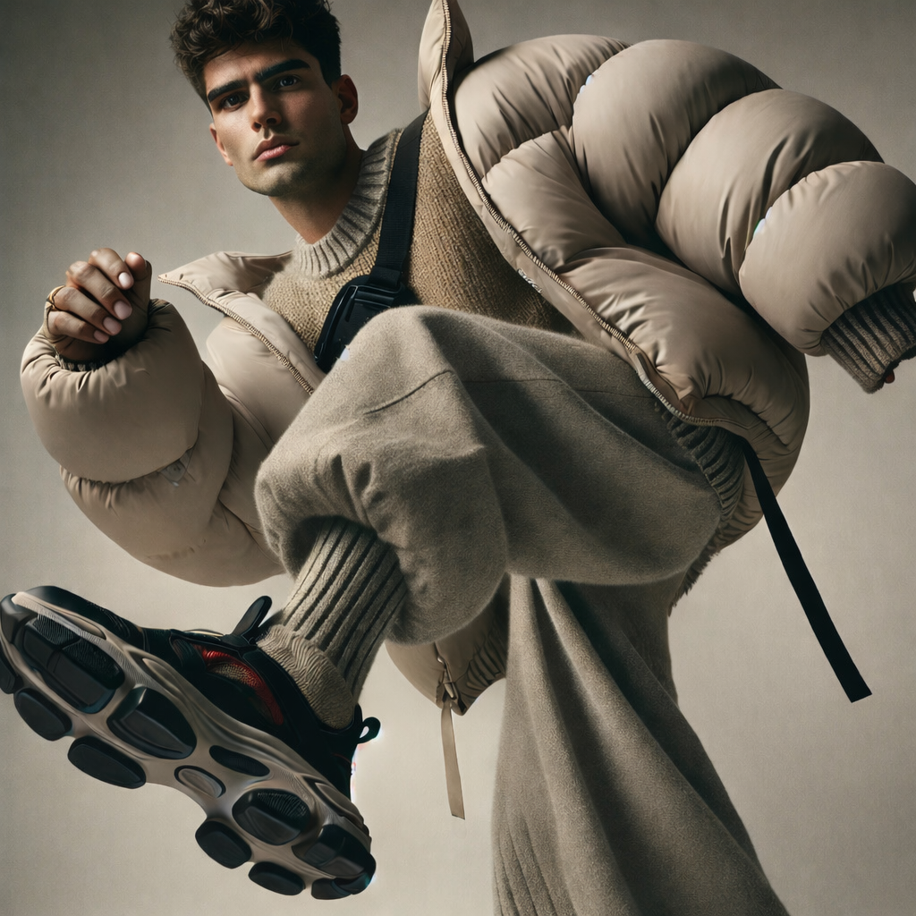 Young man wearing a beige puffer jacket, beige sweater, gray wide-leg pants, and athletic shoes, looking into the camera with a neutral expression, pose from below against a plain background.
