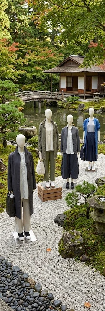 Mannequins dressed in casual clothing on a gravel path in a Japanese garden with trees, rocks, a pond, a bridge, and a traditional wooden building in the background.