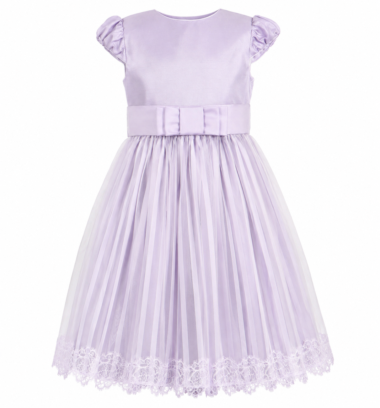 Light lavender girl’s dress with puffed short sleeves, a satin waistband with a bow, and a pleated skirt with lace trim at the hem. /  E-Commerce Ghost Mannequin