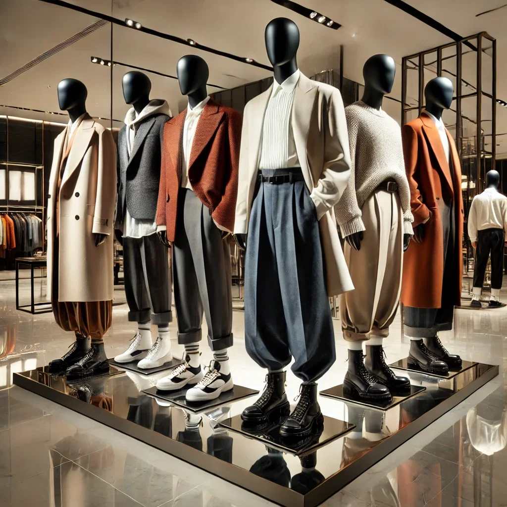 Display of mannequins dressed in modern men's fashion, including coats, suits, sweaters, and sneakers, on a mirrored platform in a high-end clothing store.