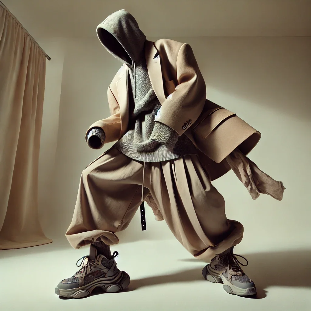 A mannequin dressed in oversized beige and grey streetwear, including a hoodie, jacket, baggy pants, and sneakers, posed with legs apart and one arm bent.