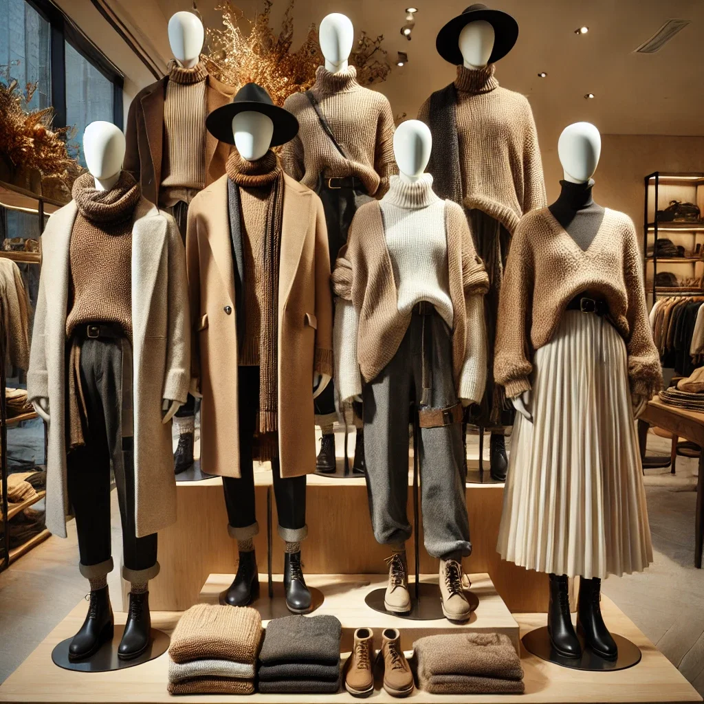 Display of mannequins dressed in neutral-colored winter outfits, including sweaters, coats, pants, skirts, and accessories, arranged in a clothing store window.