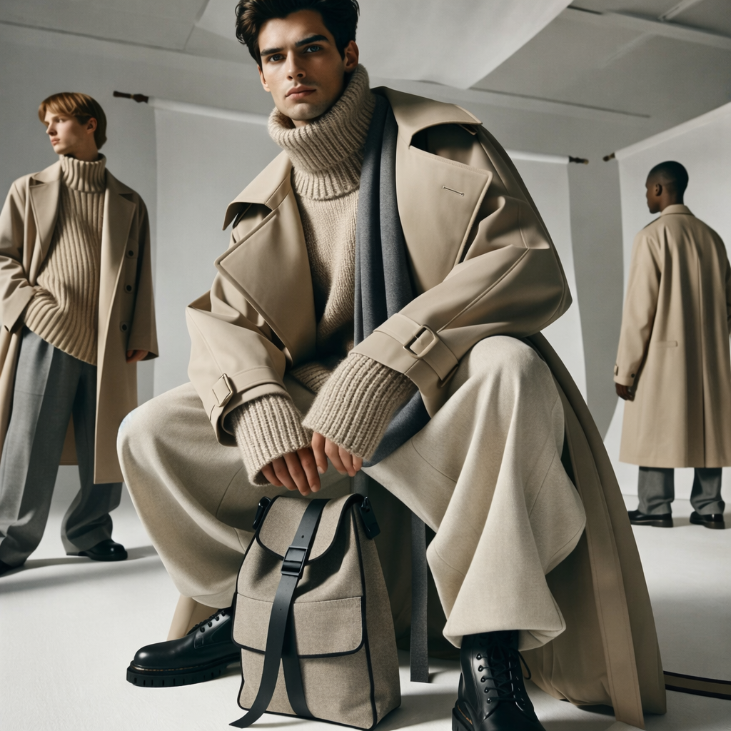 Three models wearing beige and neutral-colored layers, including trench coats, sweaters, and pants, in a minimalist studio setting with a plain background.