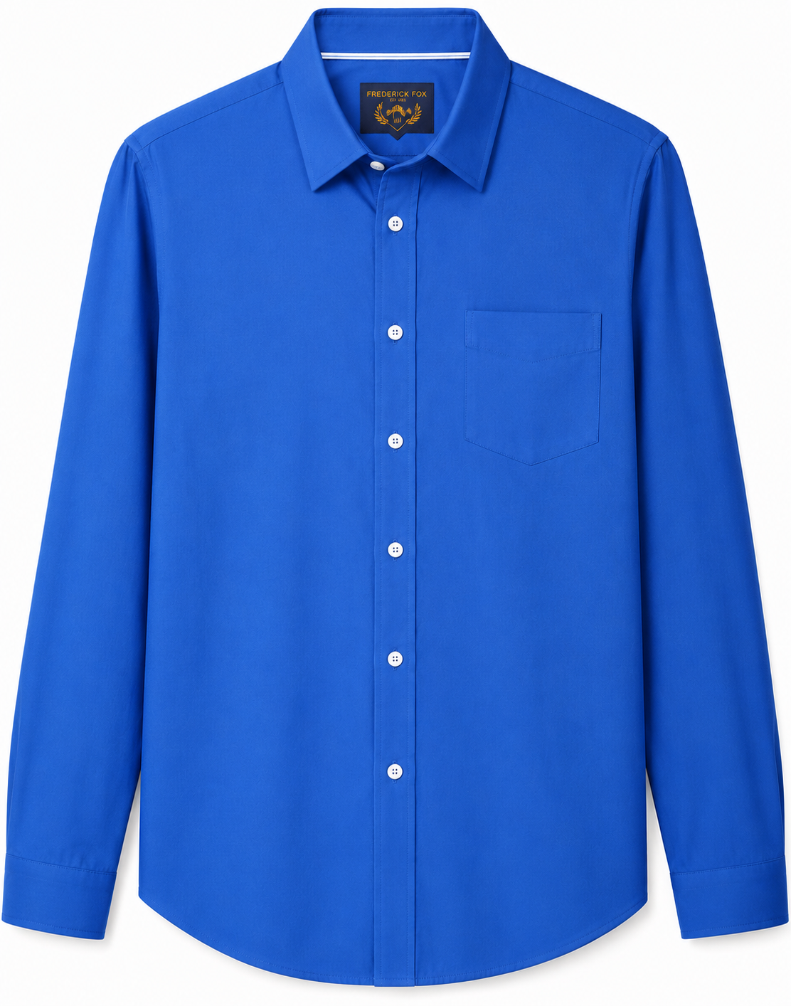 Blue long-sleeve button-up dress shirt with a chest pocket, brand label 'Frederick Fox' inside the collar. /  E-Commerce Flat-Lay