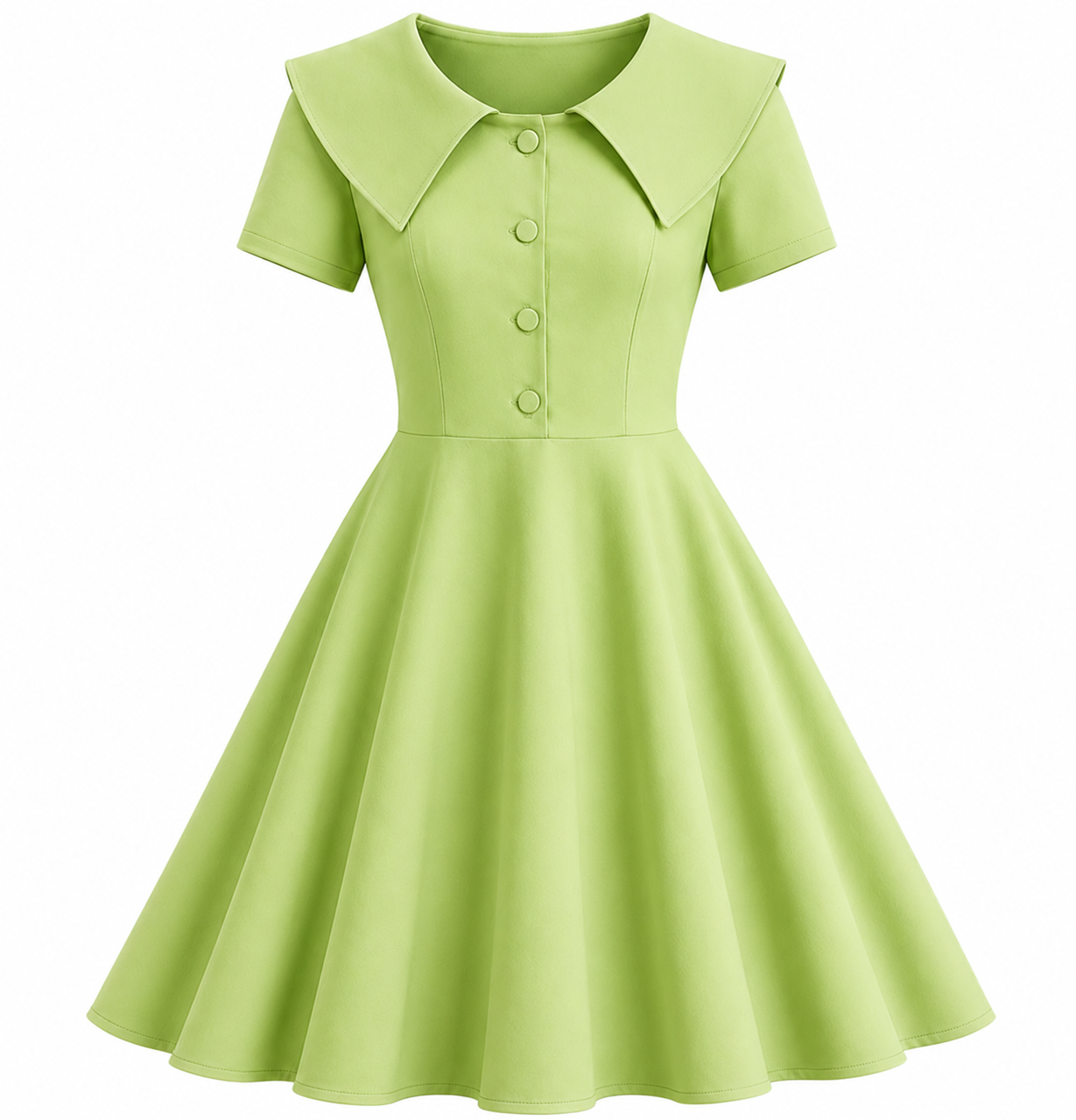 A bright lime green vintage-inspired dress with a wide collar, short sleeves, and a full skirt, featuring large buttons down the front. / E-Commerce Ghost Mannequin