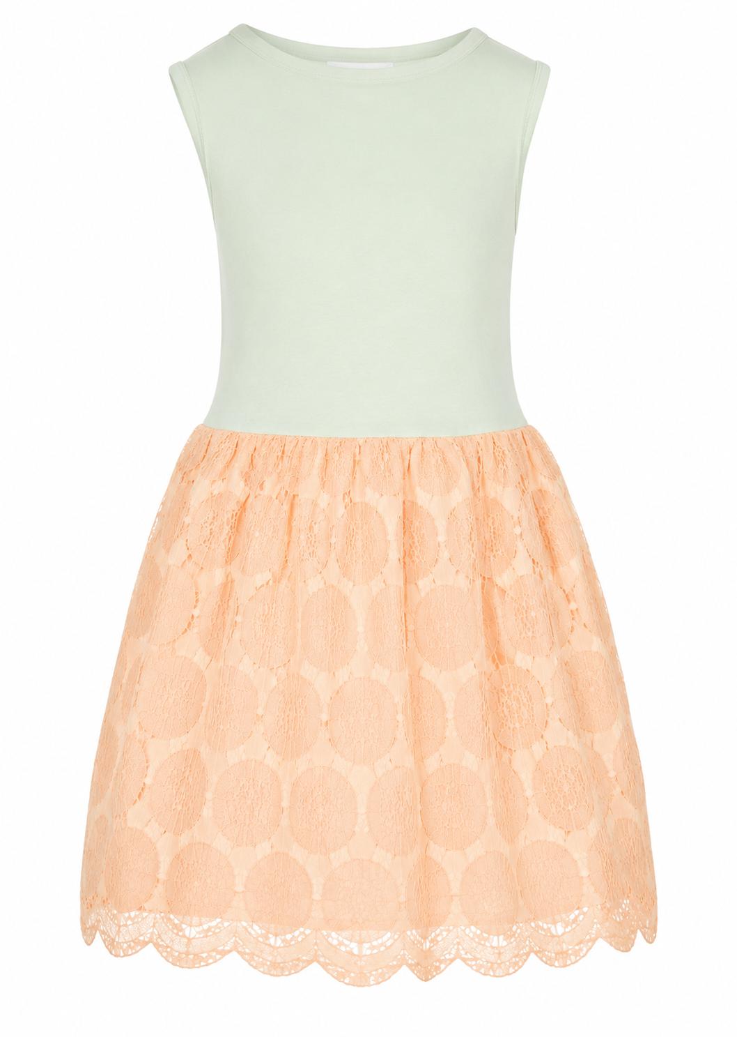 A sleeveless dress with a light green top and an orange lace floral-patterned skirt. /  E-Commerce Ghost Mannequin