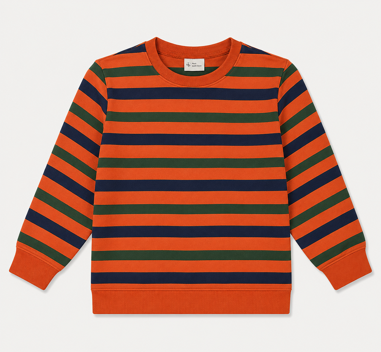 Orange, green, and navy blue striped long-sleeve shirt with a round neckline and ribbed cuffs. /  E-Commerce Flat-Lay