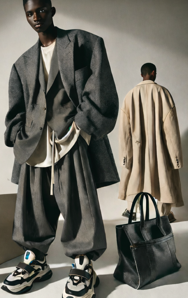 Two fashion models wearing oversized gray and beige coats, with one in sneakers and the other in shoes, standing in a studio with a black bag in the foreground.