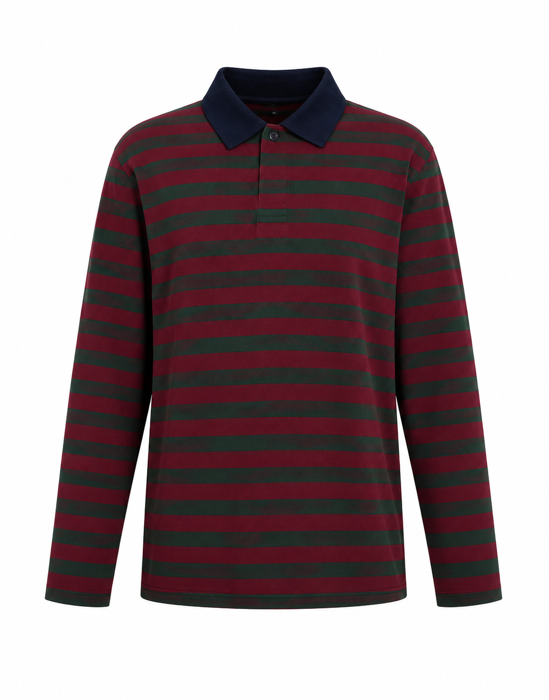 Long-sleeve polo shirt with red and dark green horizontal stripes and a navy collar. /  E-Commerce Flat-Lay