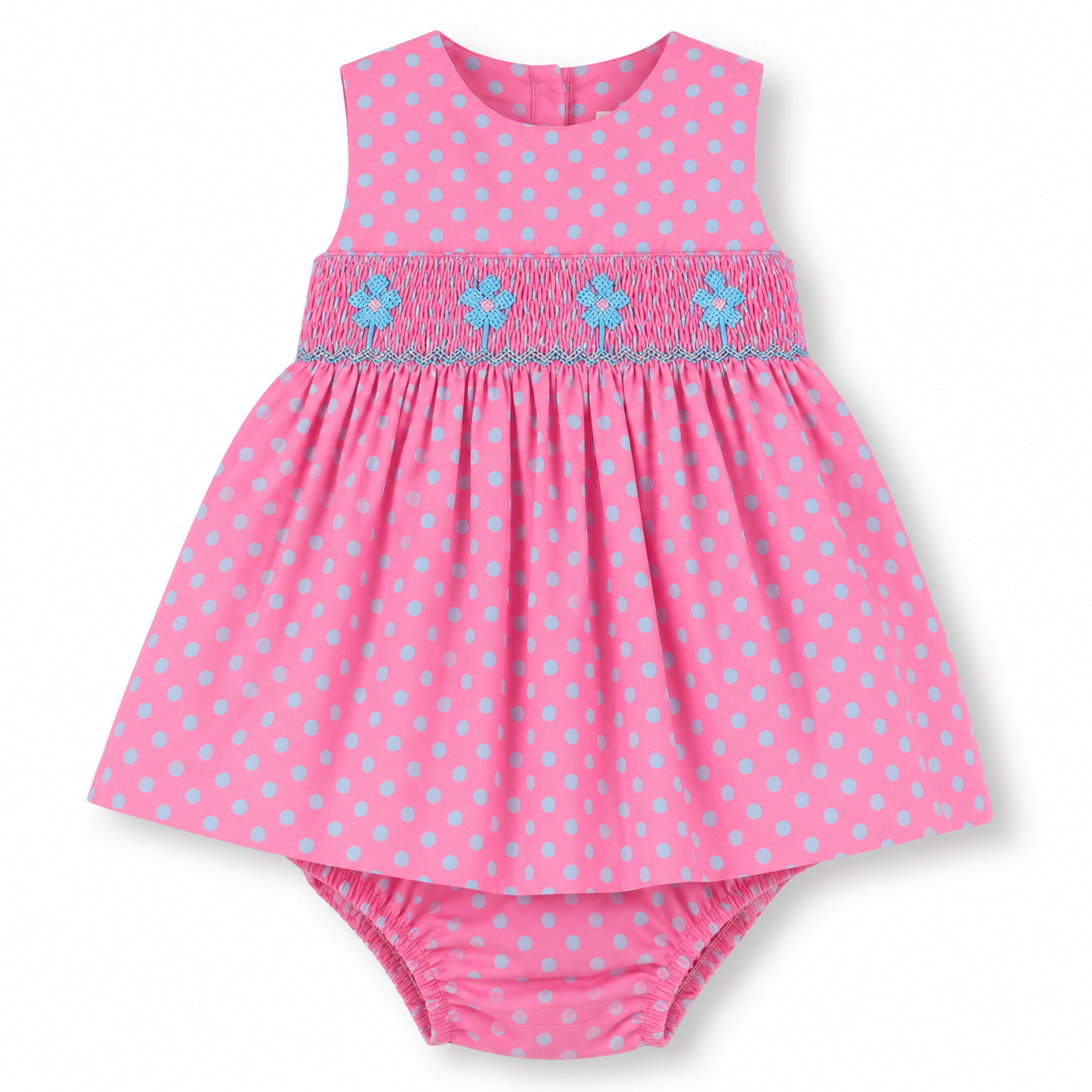 Pink polka dot baby dress with blue embroidery and matching bloomer. /  E-Commerce Flat-Lay