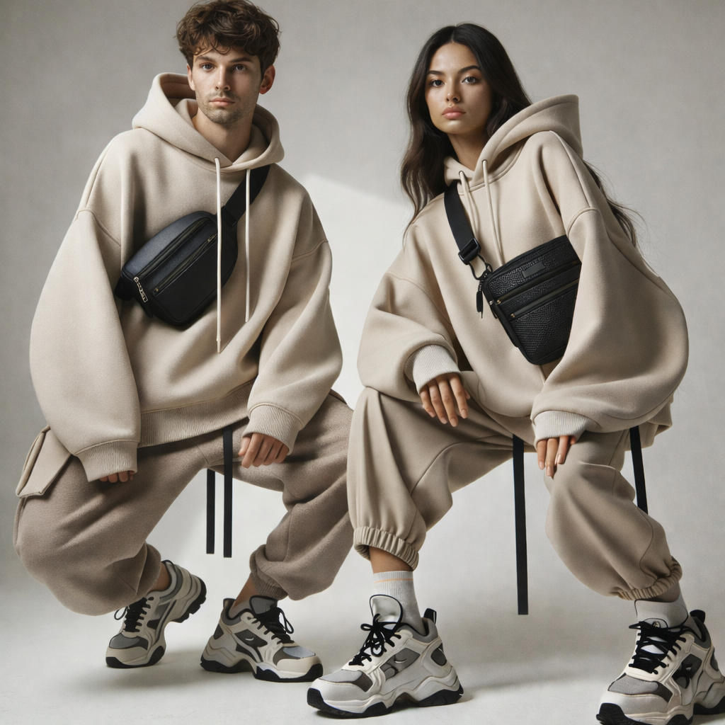 Two models wearing oversized beige hoodies, beige joggers, and chunky sneakers, both carrying black crossbody bags, posing against a plain backdrop.