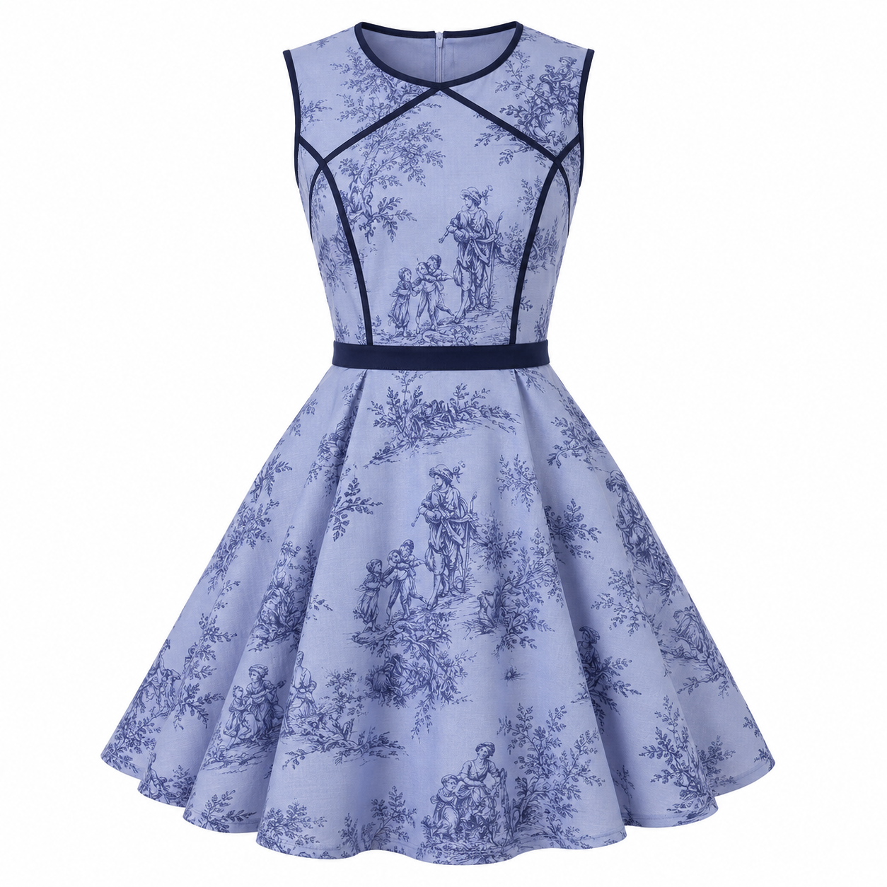 A sleeveless, knee-length dress with a fitted bodice and a full skirt, featuring a blue toile print with pastoral scenes of people and trees. / E-Commerce Ghost Mannequin