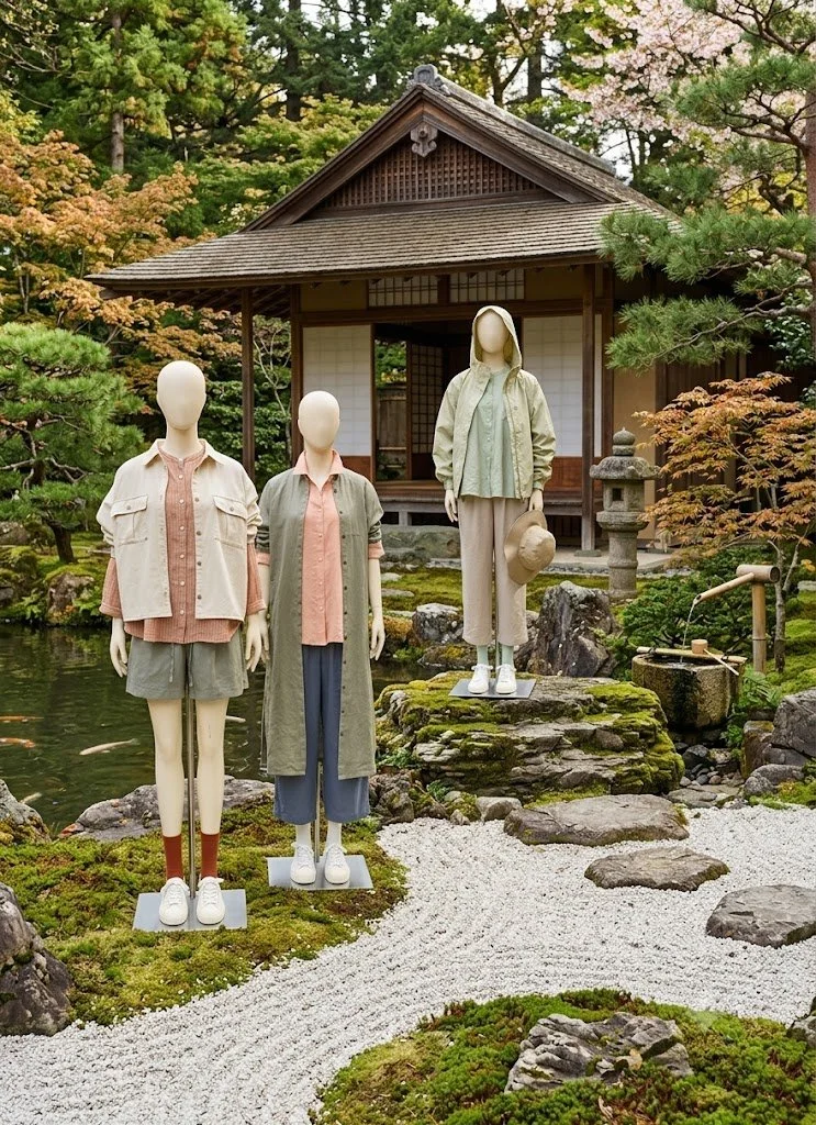 Three mannequins dressed in casual clothing stand in front of a traditional Japanese garden with a pond, moss-covered rocks, and a wooden building with sliding doors. The mannequins are wearing beige, gray, and pastel-colored outfits, and one is hold