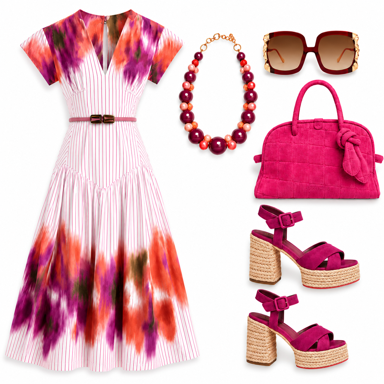 Colorful floral maxi dress with pink, purple, and orange shades, a matching pink belt, oversized sunglasses with gold accents, a statement beaded necklace in pink and purple, a pink handbag with a tie detail, and pink platform sandals with woven heel