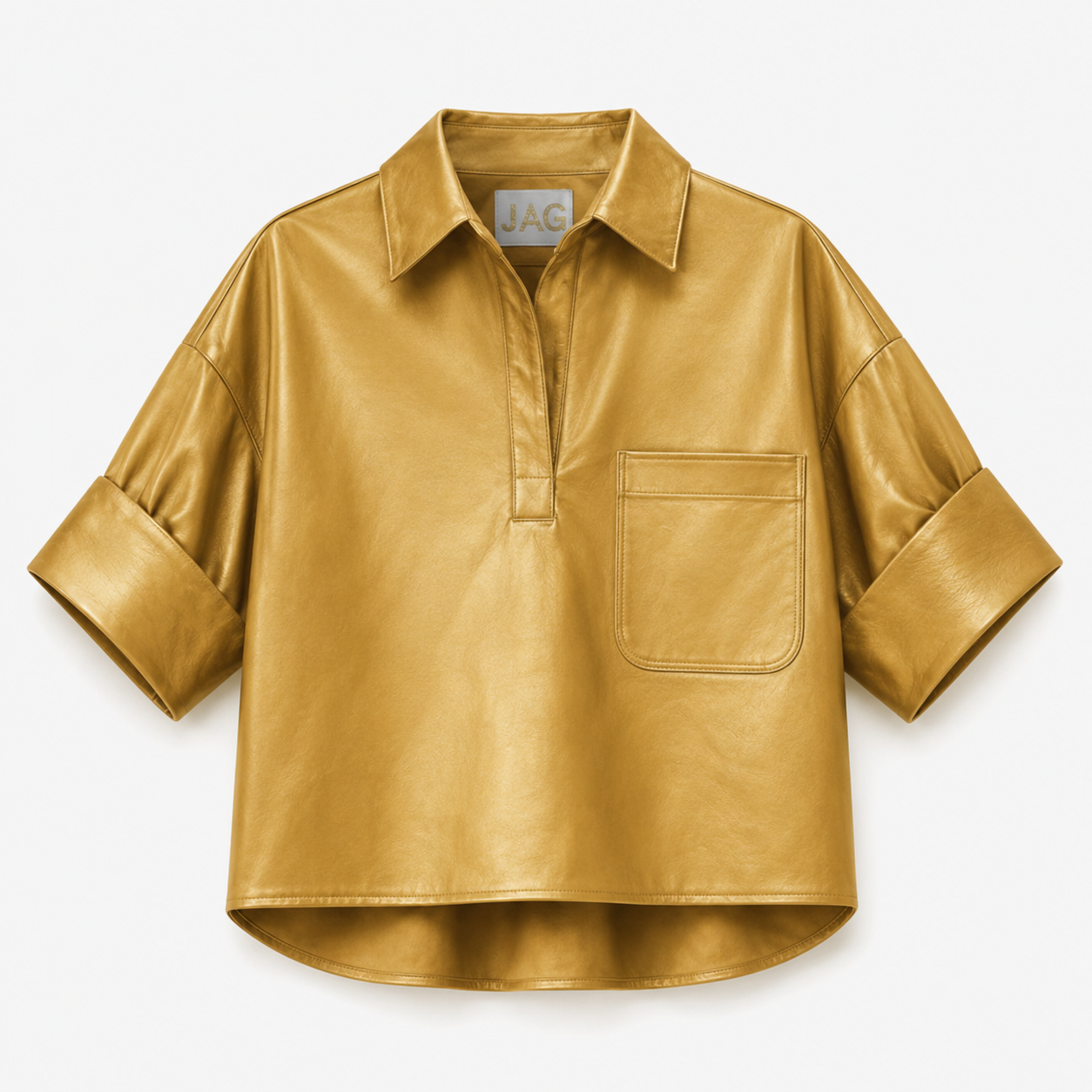 A mustard yellow leather shirt with a collar, half-length sleeves, and a front chest pocket, displayed against a white background. / E-Commerce Flat-Lay