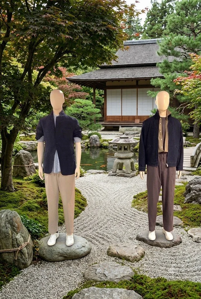 Mannequins dressed in MUJI casual clothing stand on rocks in a Japanese garden with moss, trees, and a traditional wooden building in the background.