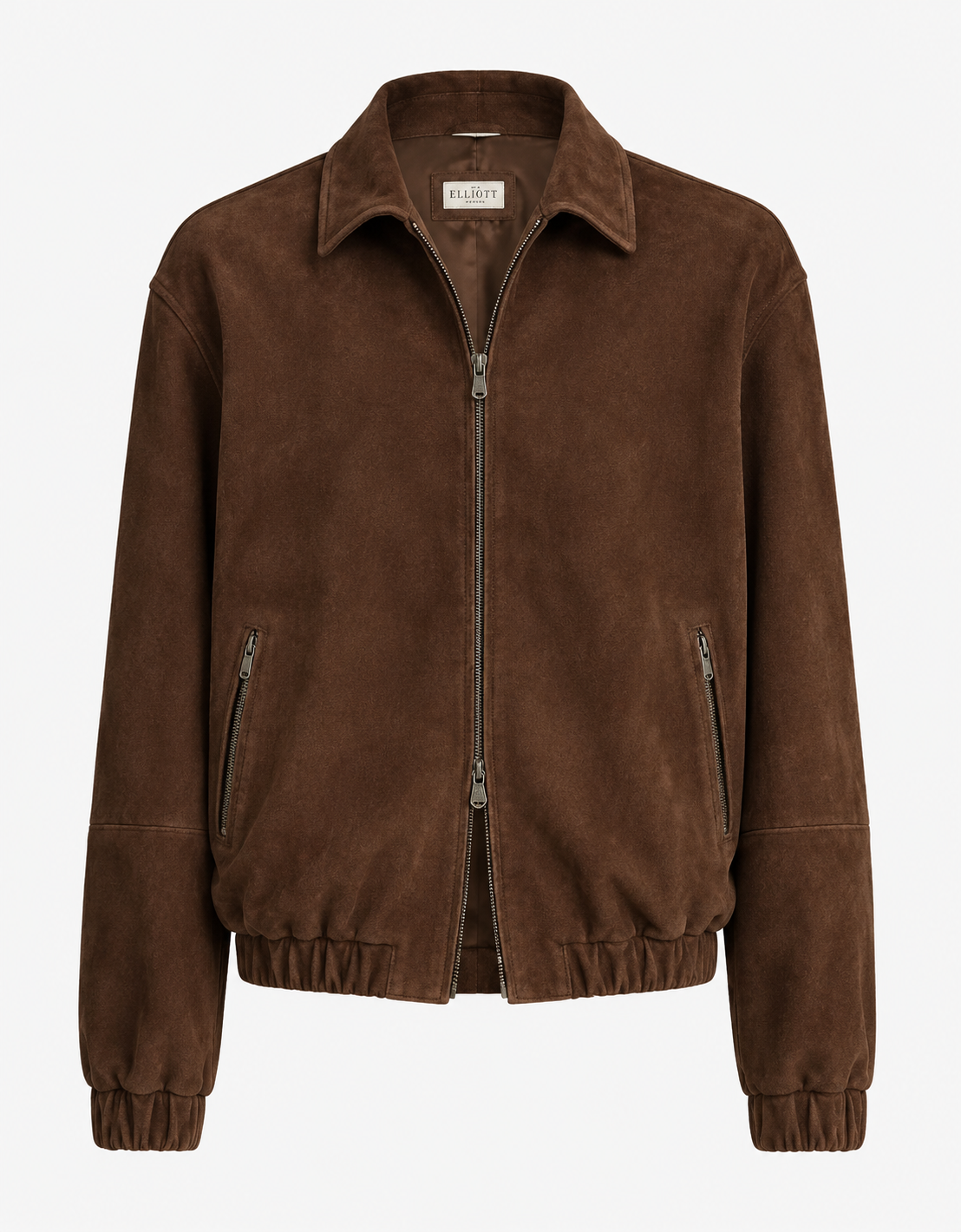 Brown suede zip-up jacket with front pockets and elastic waistband and cuffs. / E-Commerce Flat-Lay