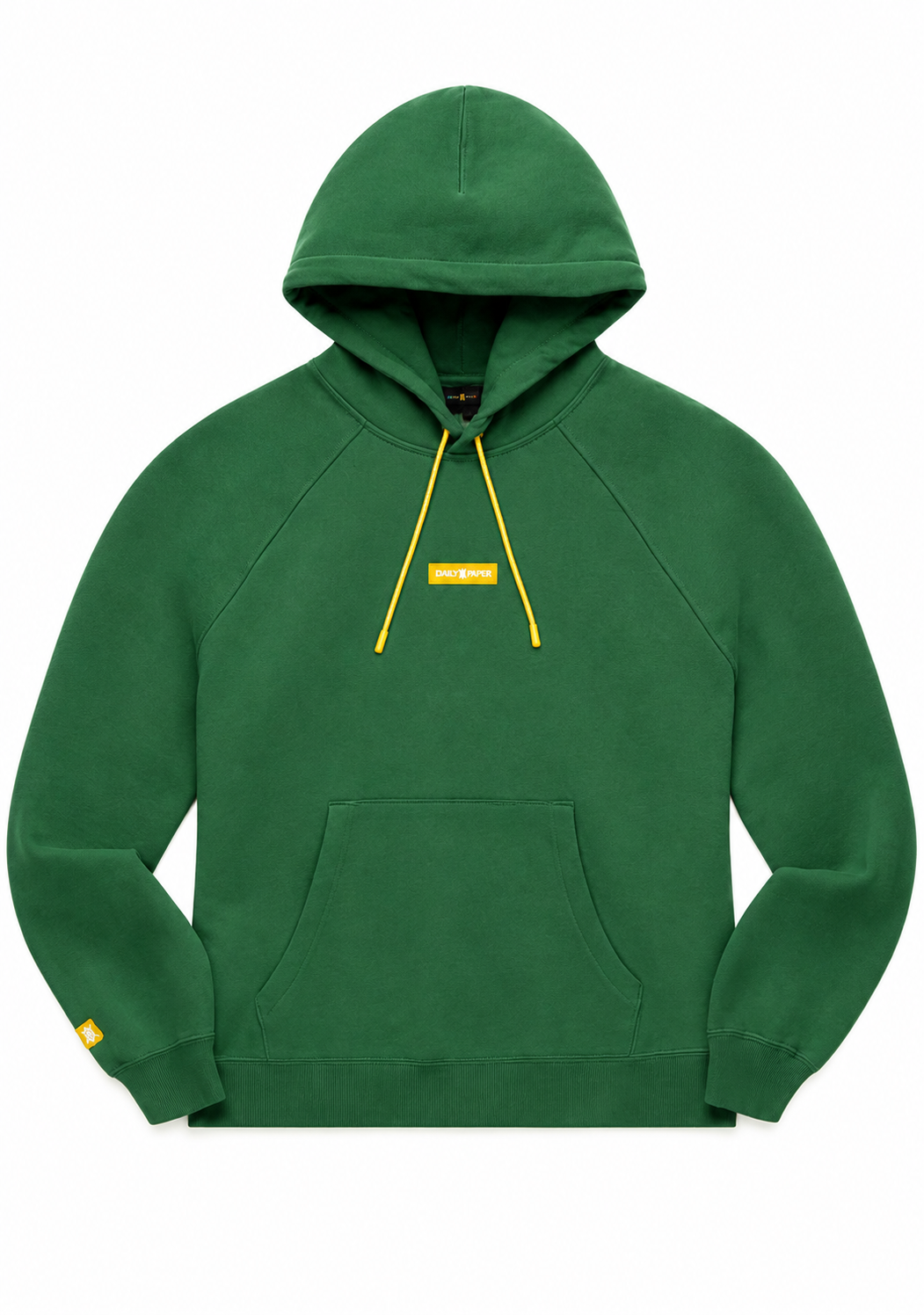 Green hoodie with a front pocket, yellow drawstrings, and a yellow logo on the chest that reads 'DAILY PAPER'. E-Commerce Flay-Lay
