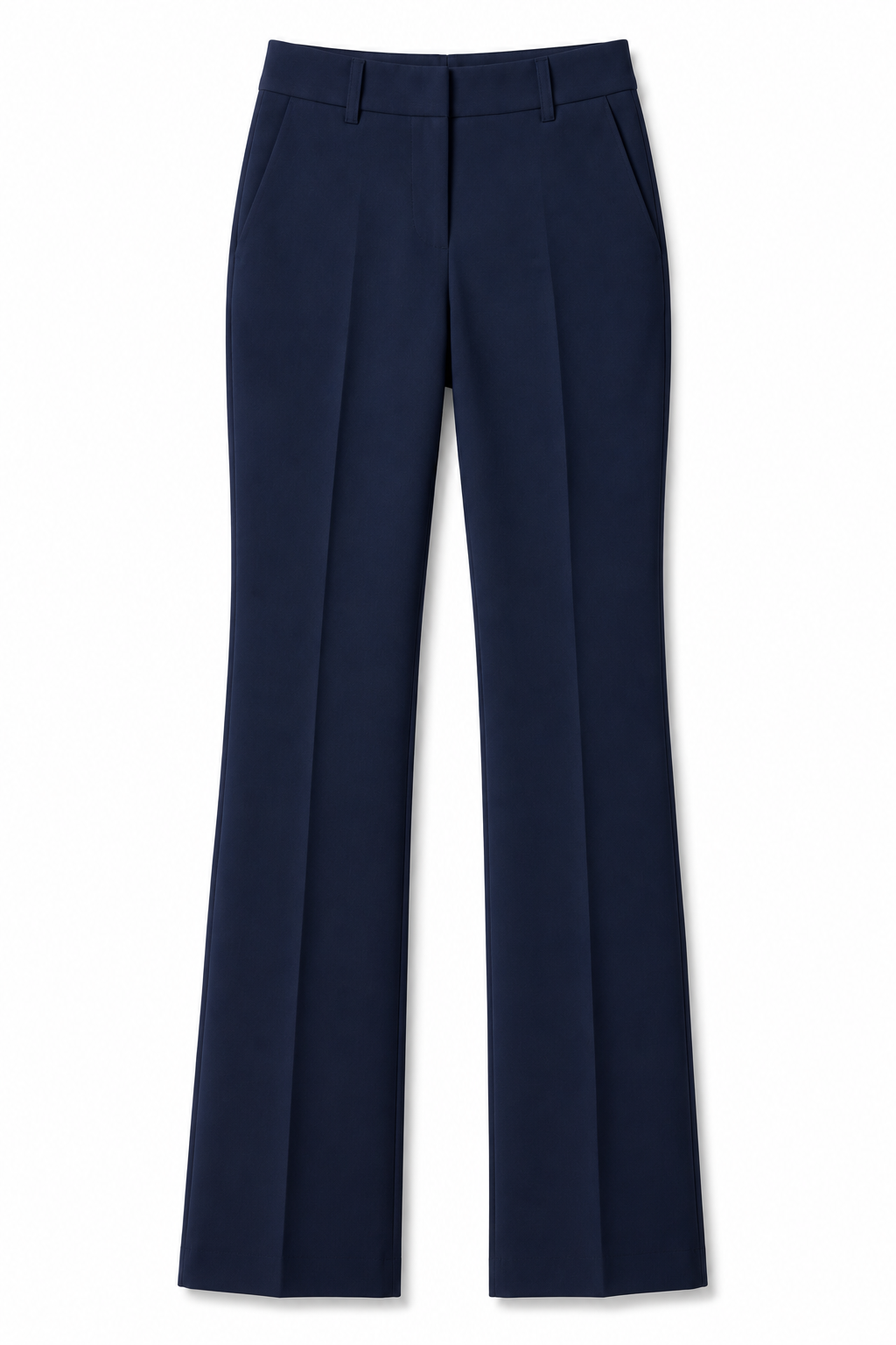 Dark blue tailored dress pants with front pleats. / E-Commerce Flat-Lay