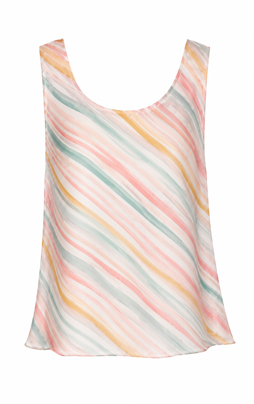 A sleeveless, multicolored striped dress with pastel hues on a white background.  / E-Commerce Ghost Mannequin