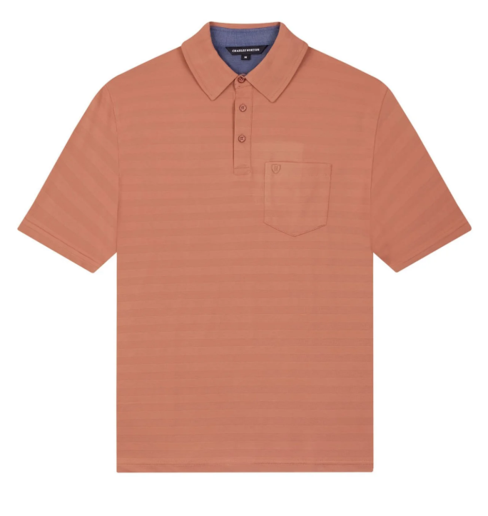 A peach-colored polo shirt with a small front pocket on the left chest, featuring horizontal thin stripes, a collar, and a three-button placket. /  E-Commerce Flat-Lay