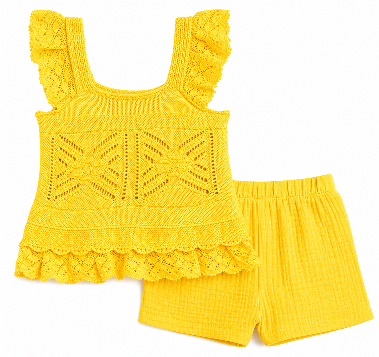 Yellow girl’s summer clothing set including a sleeveless crocheted top with ruffled straps and a butterfly pattern, and matching yellow shorts.  /  E-Commerce Flat-Lay