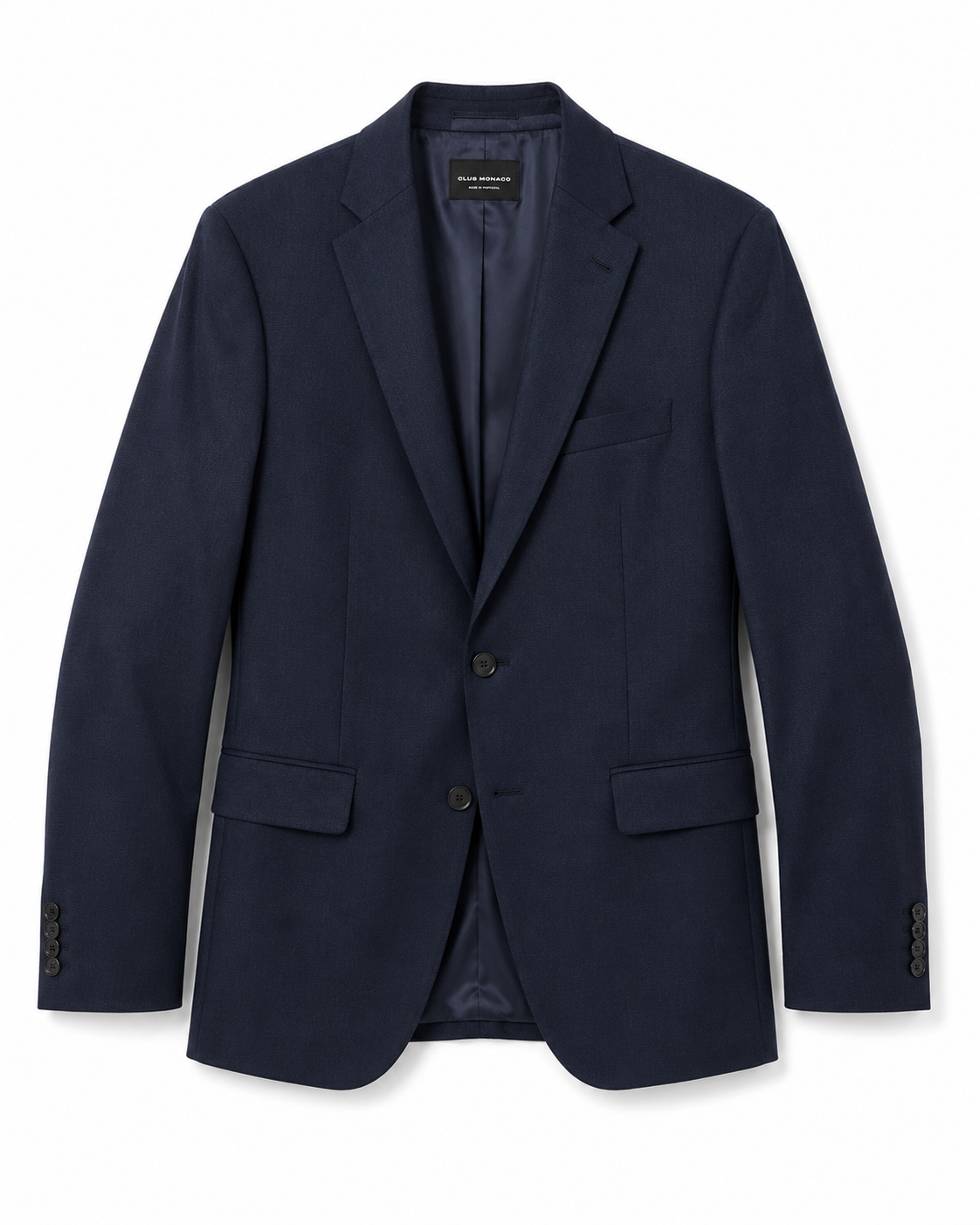 A navy blue men's blazer with notch lapels, two button closure, flap pockets, and a single breast pocket, displayed against a white background. / E-Commerce Ghost Mannequin 