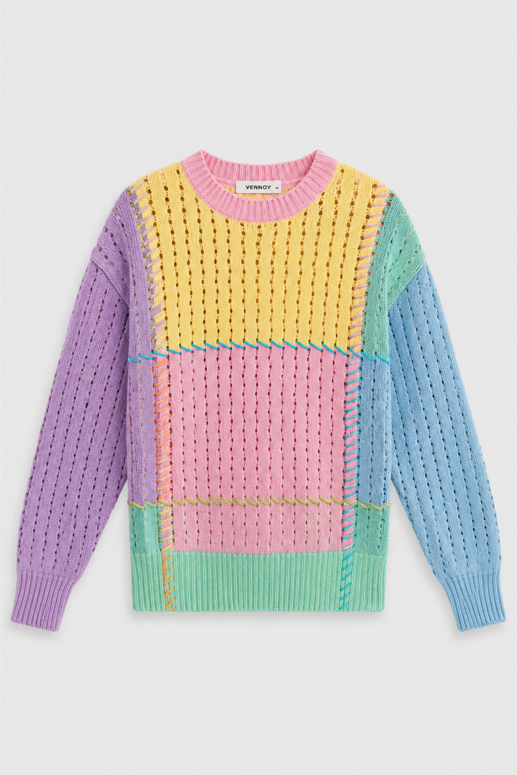 Colorful patchwork sweater with pastel pink, yellow, green, purple, and blue sections, featuring a knitted openwork pattern. /  E-Commerce Flat-Lay