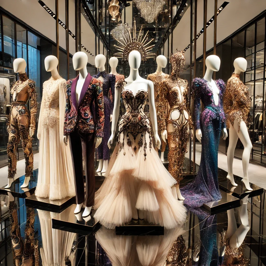 Mannequins wearing ornate, embellished evening dresses and suits display in a high-end fashion boutique with mirrors and dramatic lighting.