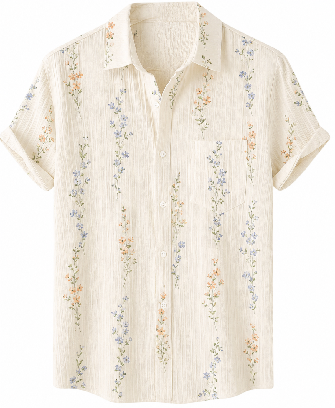 Yellow short-sleeve button-up shirt with a floral pattern of orange and blue flowers with green stems. /  E-Commerce Flat-Lay