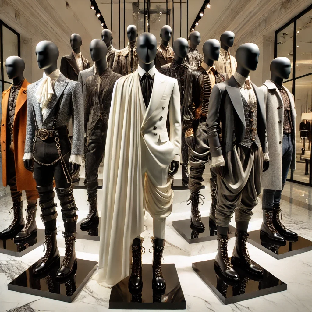 Display of mannequins dressed in high-end fashion outfits in a showroom with reflective black platforms and warm lighting.