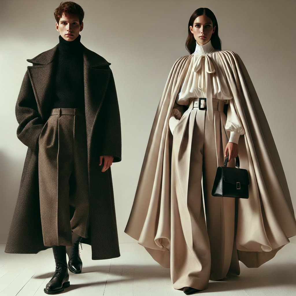 Two models dressed in high fashion outfits stand against a neutral background. The male model on the left wears a dark brown overcoat, black turtleneck, and brown wide-leg trousers, with black lace-up boots. The female model on the right wears a crea