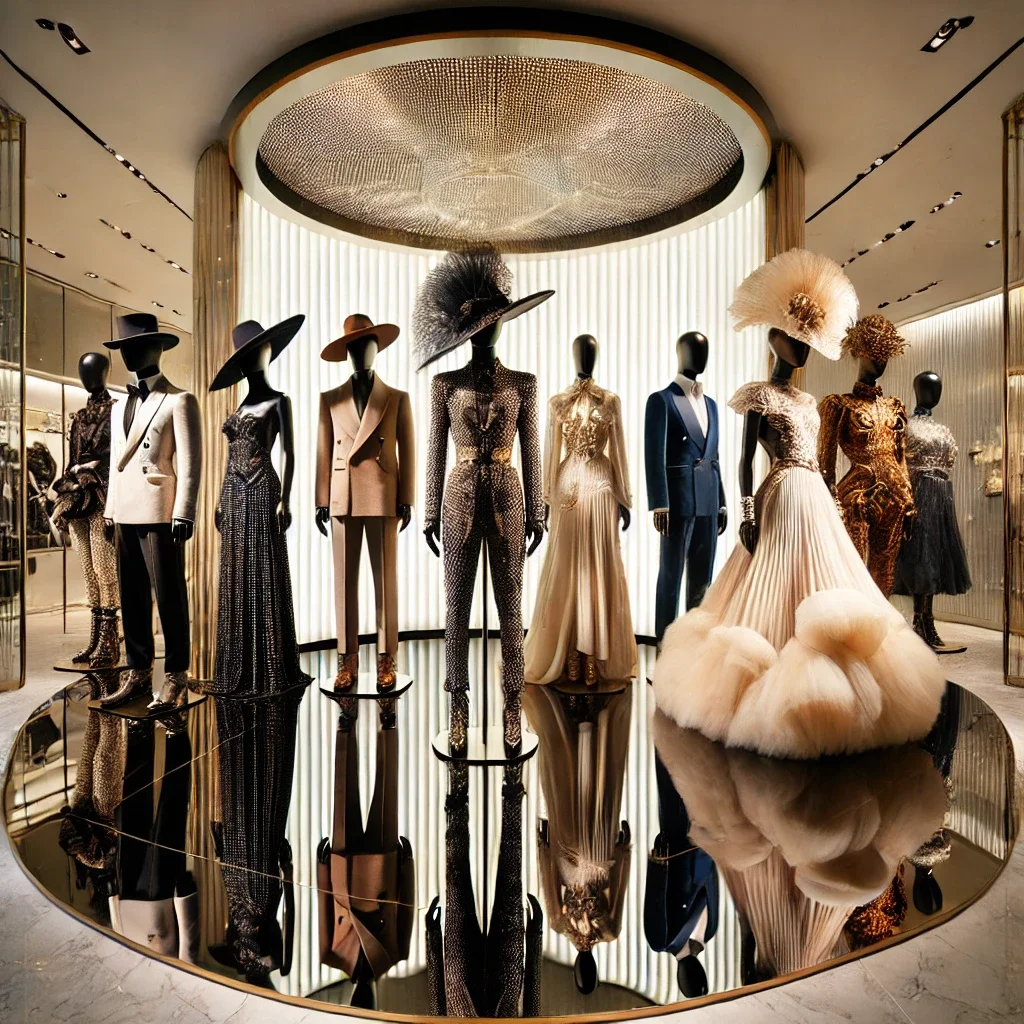 Display of mannequins dressed in elegant and elaborate fashion outfits in a luxurious boutique, with a glossy, reflective black table surface and a rounded ceiling with a textured golden ceiling feature.