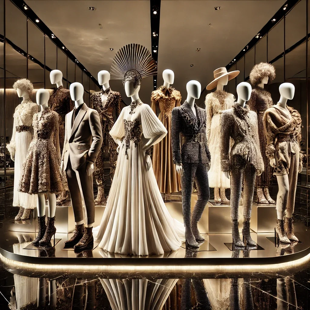Display of mannequins dressed in high fashion clothing in a boutique or showroom.