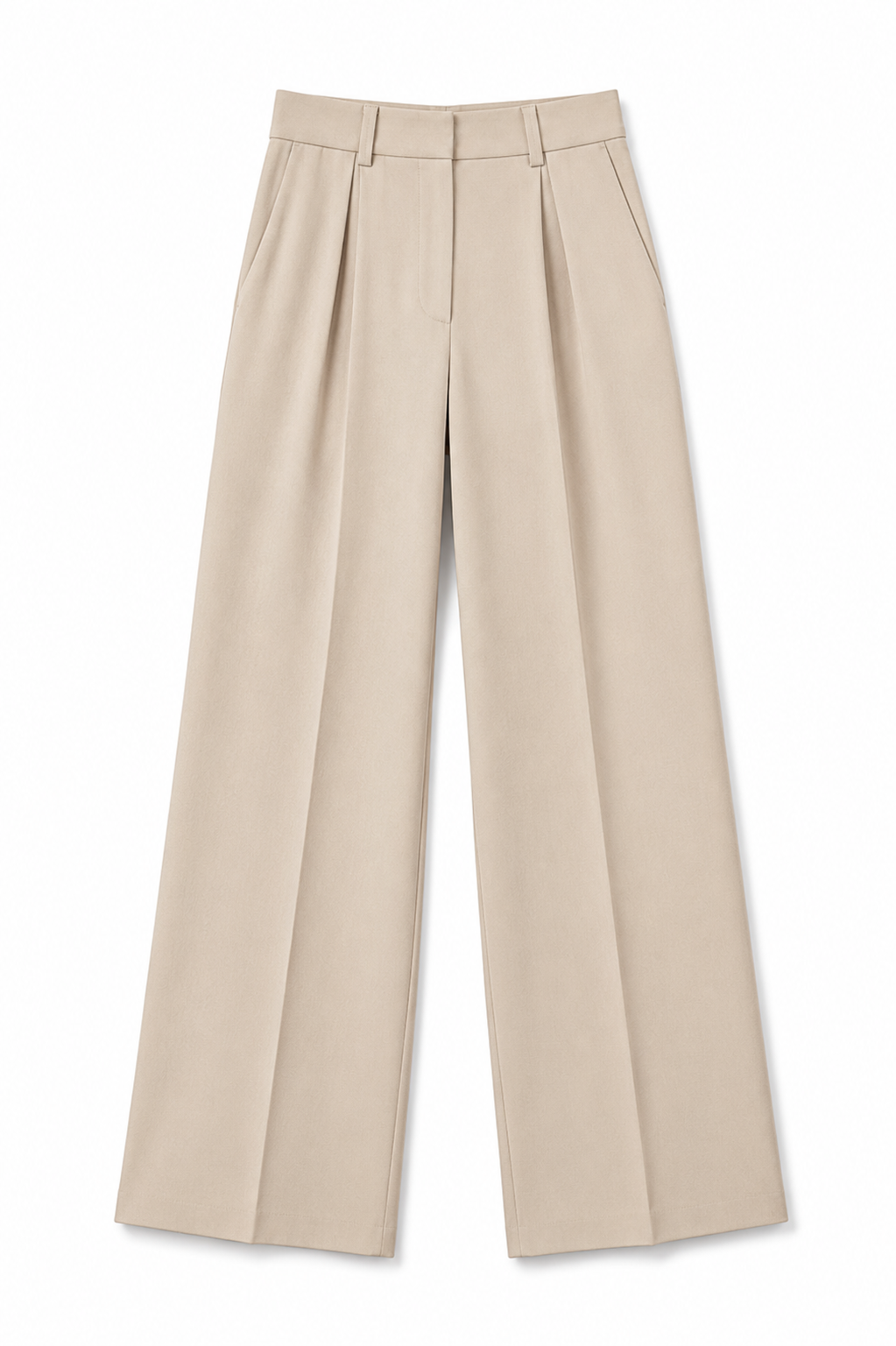 Beige wide-leg dress pants with front pleats and belt loops. / E-Commerce Flat-Lay

