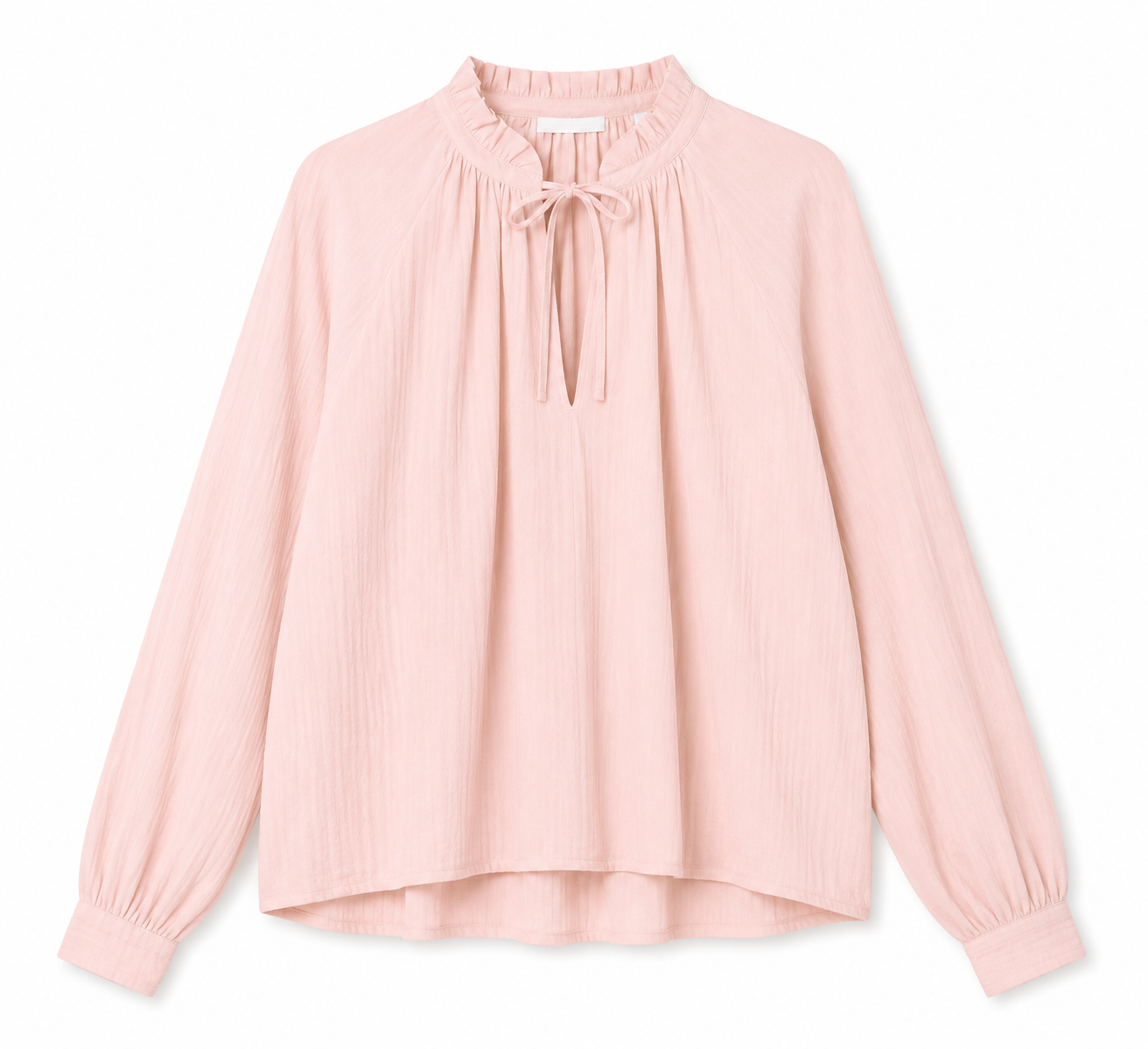 Light pink long-sleeve blouse with ruffled neckline and tie detail at collar. /  E-Commerce Flat-Lay