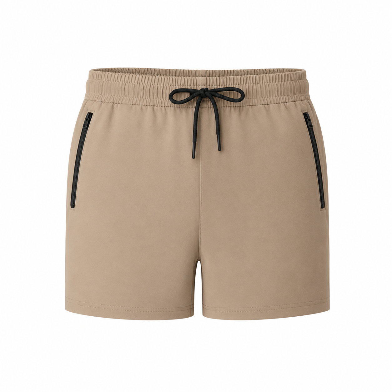 Beige athletic shorts with black zipper pockets and a black drawstring waistband. /  E-Commerce Flat-Lay
