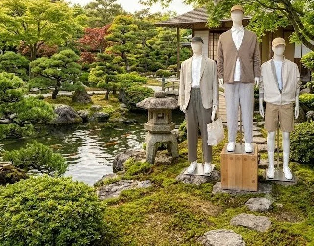 Three mannequins dressed in casual clothing standing on display platforms in a Japanese-style garden with a pond, rocks, and lush greenery.