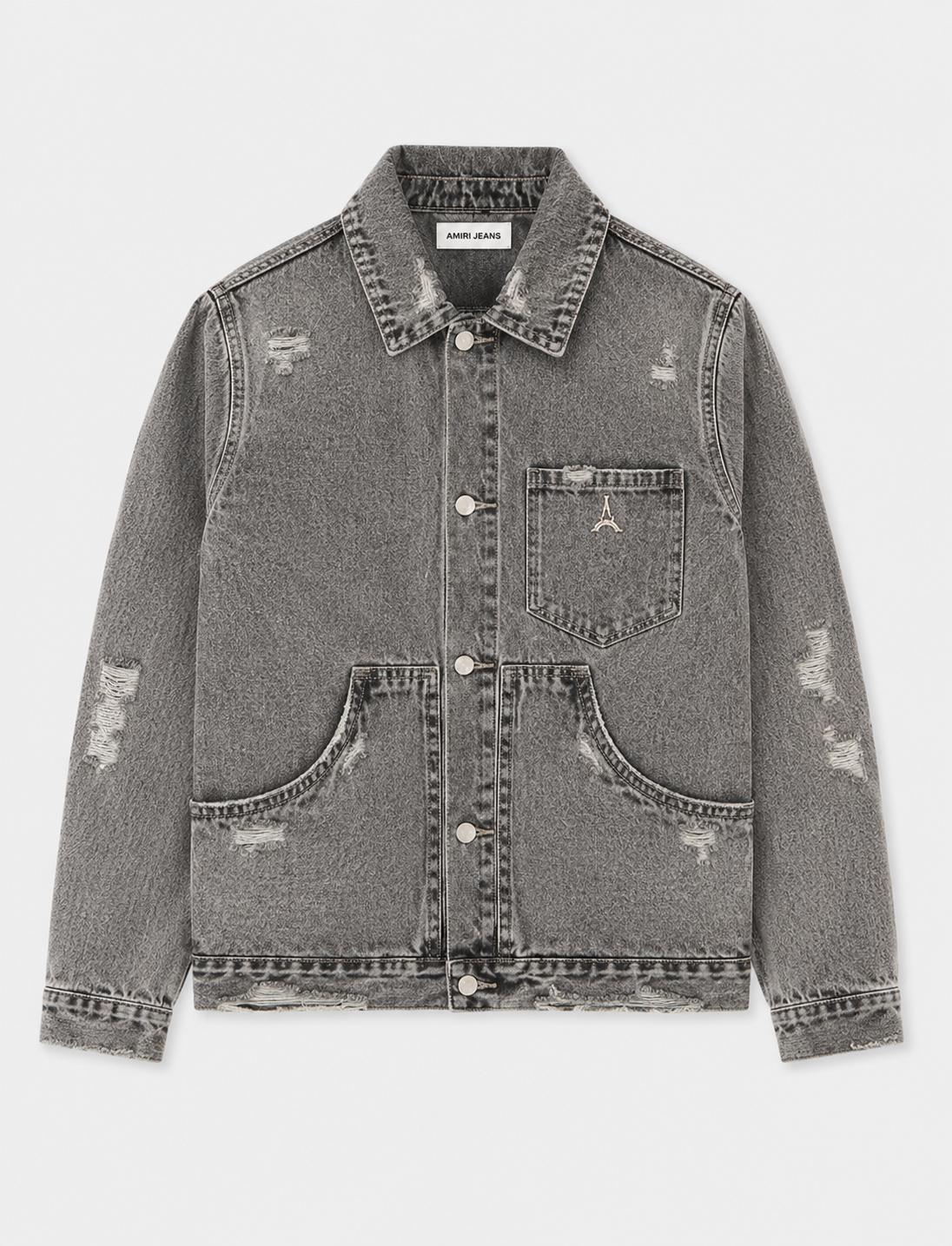 Gray distressed denim jacket with a small pocket on the chest featuring a small Eiffel Tower embroidery, and large front pockets. The jacket has a slightly worn look with distressed details. /  E-Commerce Flat-Lay