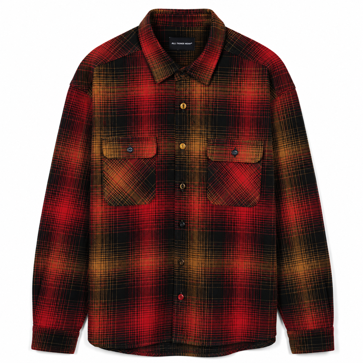 A plaid flannel shirt with a red, black, and gold pattern, featuring a pointed collar, button-down front, and two chest pockets with button flaps. /  E-Commerce Flat-Lay