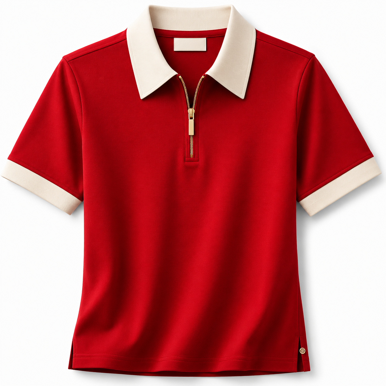 Red polo shirt with white collar, white sleeve cuffs, and gold zipper detail on the front. /  E-Commerce Flat-Lay