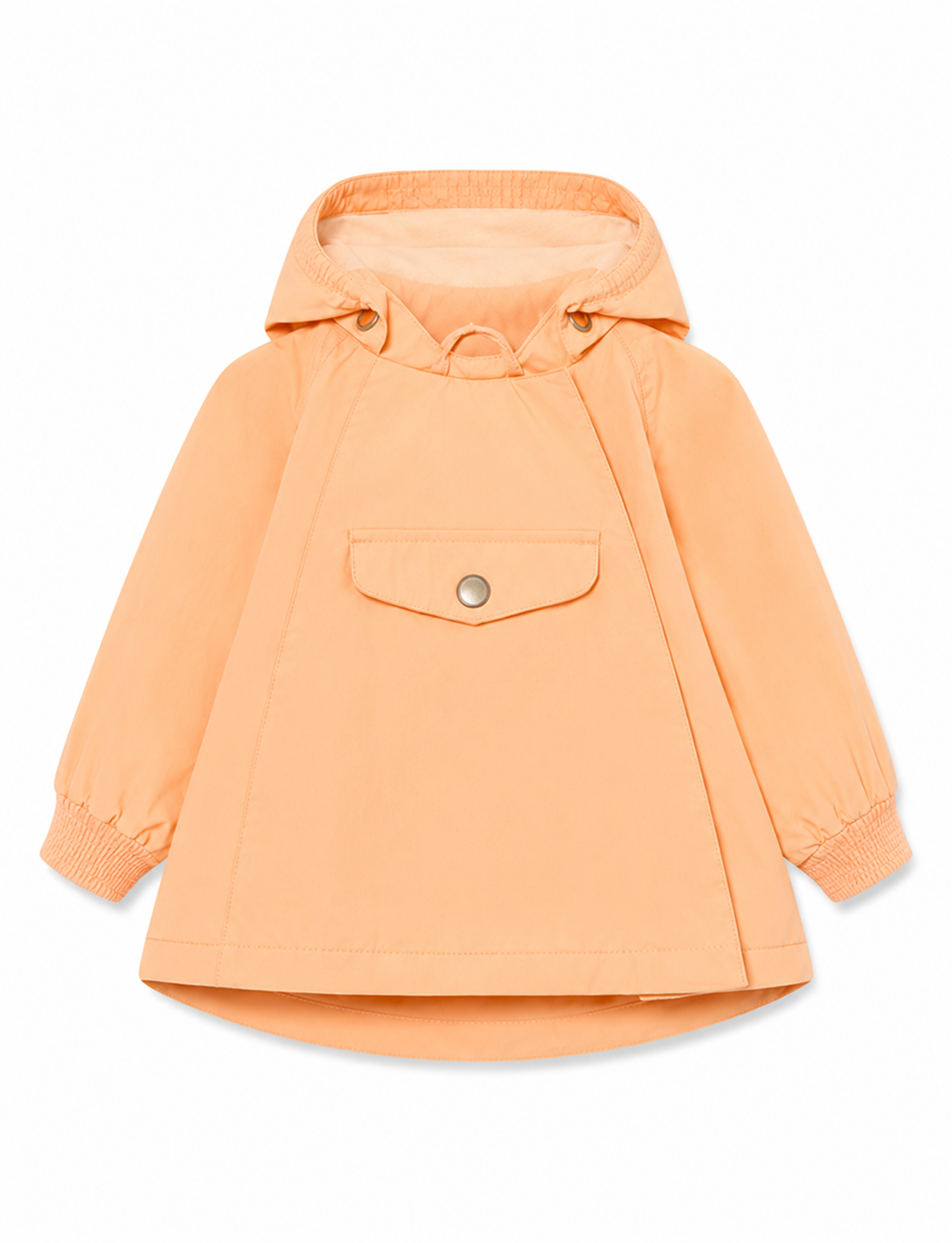 Peach-colored hooded raincoat for girls with front pocket and elastic cuffs. / E-Commerce Flat-Lay