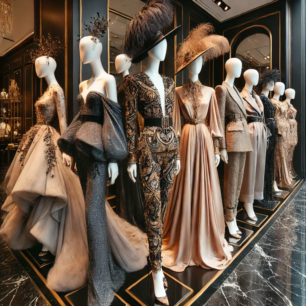 Mannequins dressed in elaborate evening gowns and couture outfits, displayed on black platforms in a luxury fashion store.