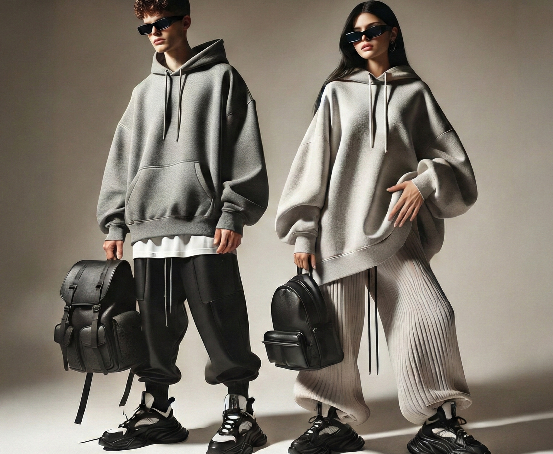 Two young models dressed in oversized hoodies, wide-leg pants, and sneakers, both wearing sunglasses and holding black backpacks, standing against a neutral background.
