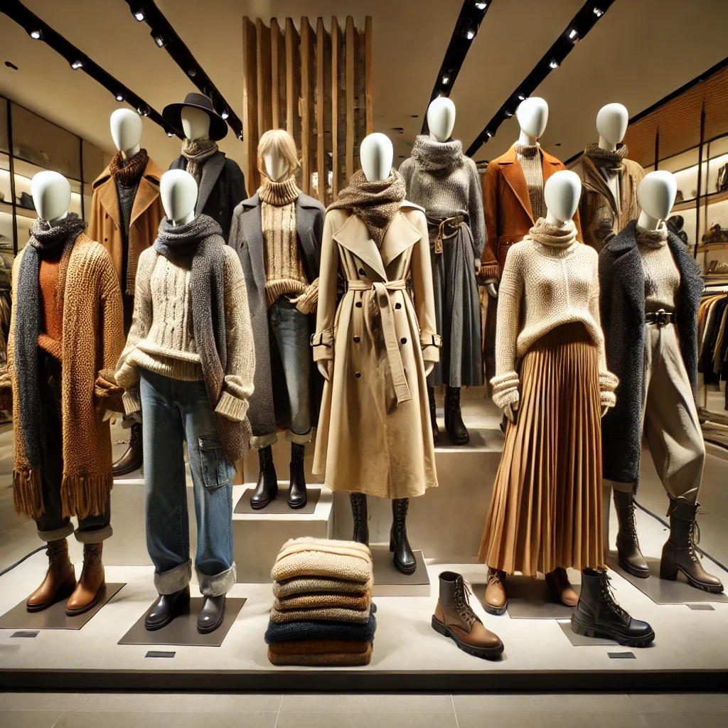 Display of mannequins dressed in fall or winter clothing inside a clothing store, featuring coats, sweaters, scarves, and boots in neutral and earth tones.