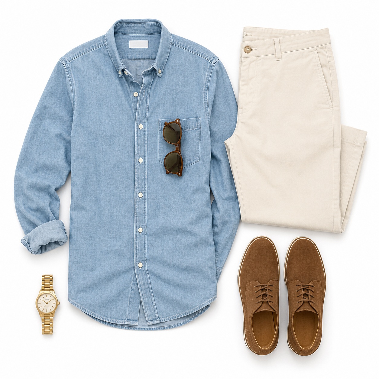 Men's casual outfit with a light blue button-up shirt, beige pants, brown shoes, sunglasses, a gold watch, and a pair of sunglasses.