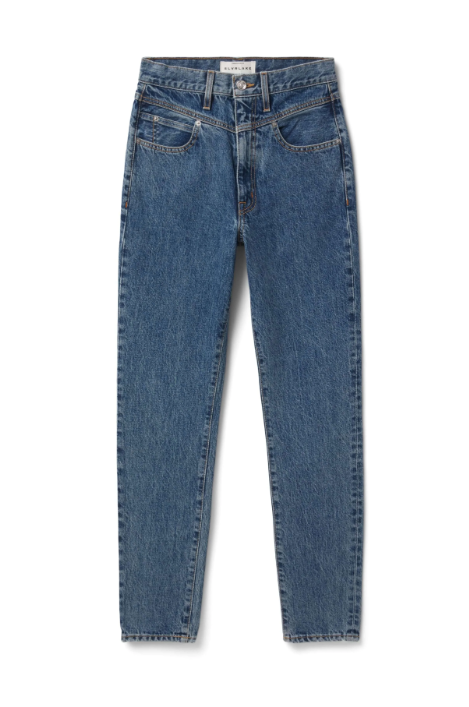 A pair of classic blue denim jeans with five-pocket design and belt loops. /  E-Commerce Flat-Lay
