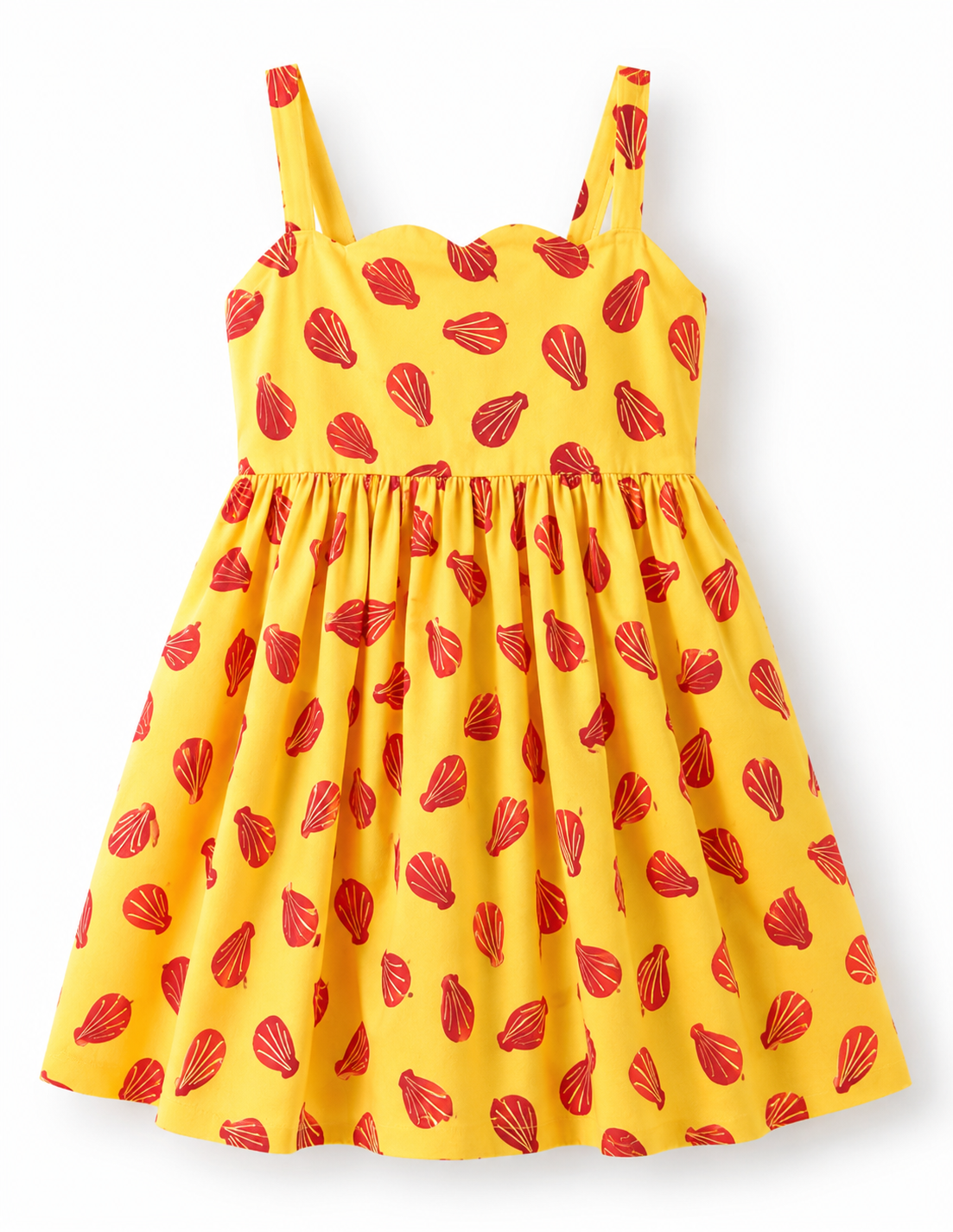Yellow sleeveless dress with red shell patterns, gathered waist, and ruffled hem, hanging on a white background. / E-Commerce Flat-Lay