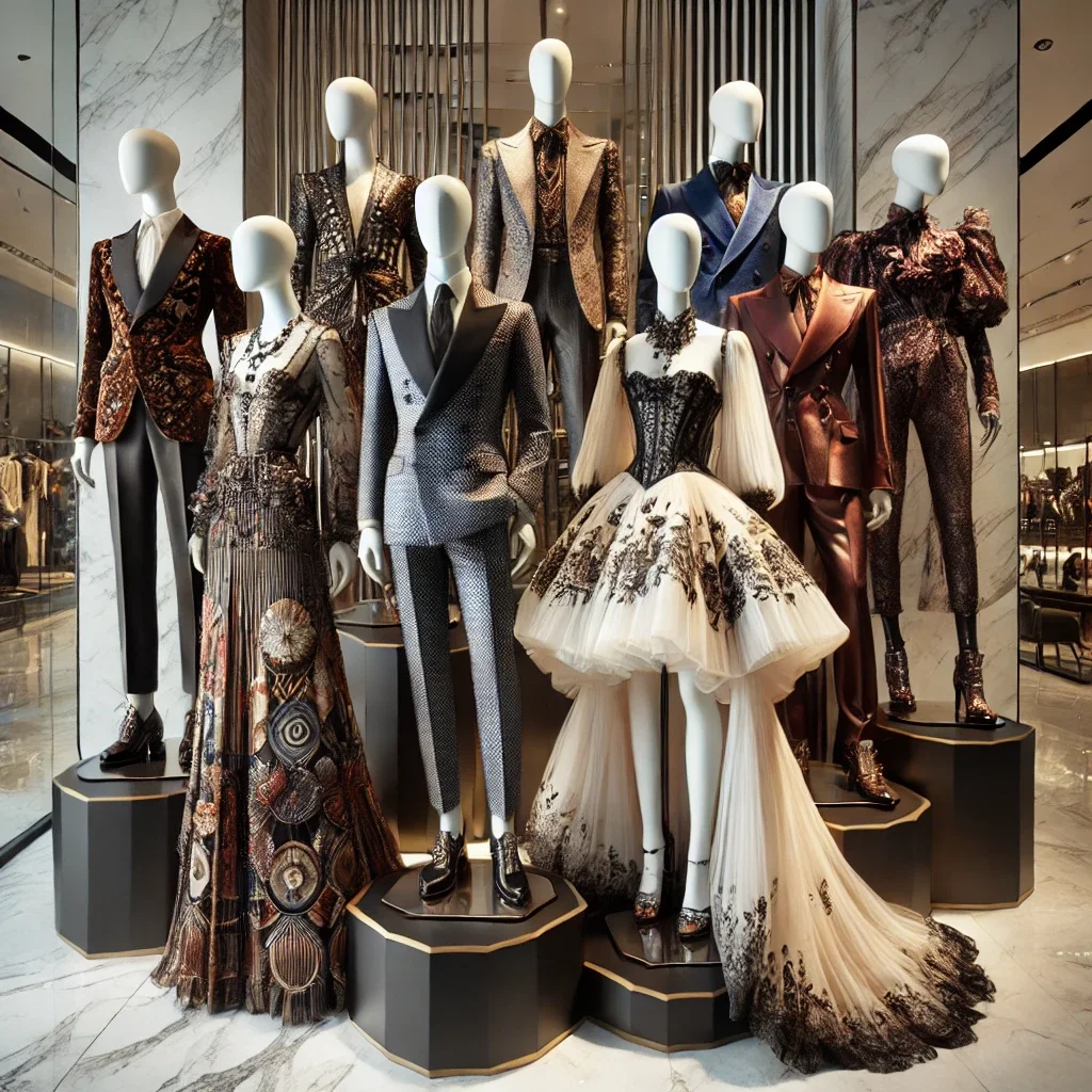 Store window display featuring mannequins dressed in high fashion suits and dresses with metallic, embroidered, and patterned fabrics, arranged on black platforms in a luxurious shopping mall.