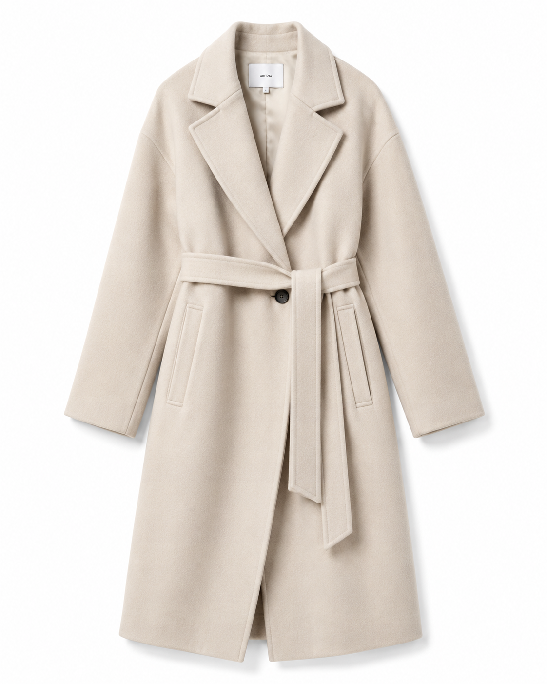 Beige long winter coat with belted waist, notch lapel collar, and side pockets on a white background. / E-Commerce Flat-Lay